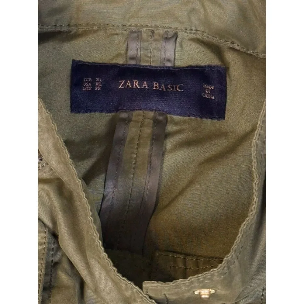 Zara Basic Ladies XL Green Military Jacket Snap Front Pockets Faux Hood‎ Zip